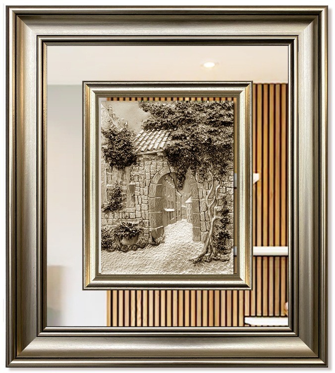 Modern  3D Sculpture Tableau - small -old town - Silver